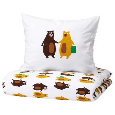 IKEA BRUMMIG Підковдра та подушка, візерунок ведмеді жовтий/коричневий, 150x200/50x60 см 60521144 фото