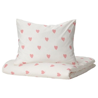 IKEA BARNDROM Підковдра та наволочка, візерунок серце білий/рожевий, 150x200/50x60 см 60504366 фото