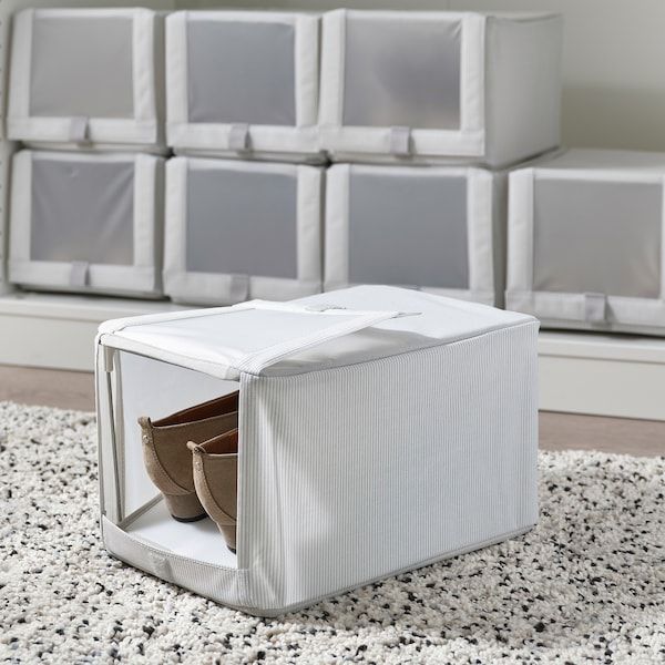 IKEA HEMMAFIXARE Коробка для взуття, тканина в смуги/білий/сірий, 23x34x19 см 40503914 фото