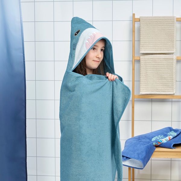 IKEA BLAVINGAD Рушник з каптуром, у формі акули/синьо-сірий, 70x140 см 90528441 фото
