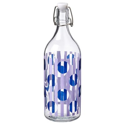 IKEA KORKEN Пляшка з кришкою, безбарвне скло, візерунок яскраво-синій ліловий, 1 л. 00553637 фото