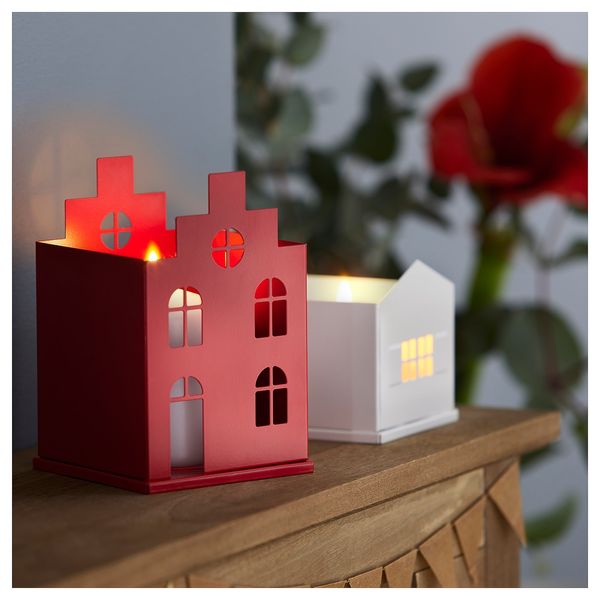 IKEA VINTERFINT Підсвічник для стовпчастої свічки, 2 шт., червоний/білий будиночок 50555002 фото
