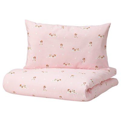 IKEA DROMSLOTT Наволочка и одеяло для детской кроватки, узор с щенками/розовый, 110x125/35x55 см 90521190 фото
