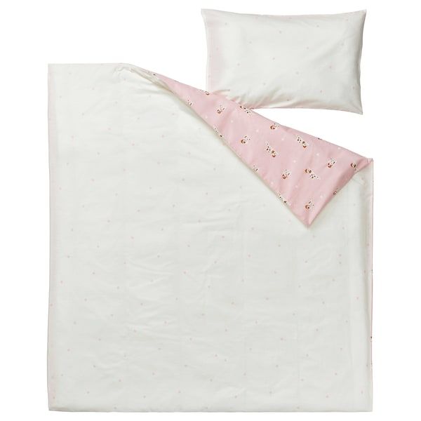 IKEA DROMSLOTT Підковдра 1 наволочка для ліжечка, забарвлення у щенят/рожевий, 110x125/35x55 см 90521190 фото