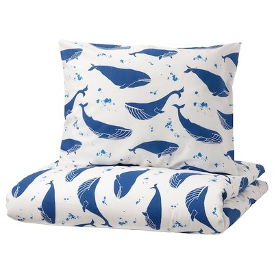 IKEA BLAVINGAD Чохол на ковдру і наволочка, зображення кита блакитний/білий, 150x200/50x60 см 20521103 фото