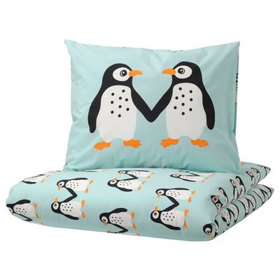 IKEA BLAVINGAD Постільна наволочка та наволочка для подушки, з малюнком пінгвінів/світло-бірюзовий, 150x200/50x60 см 10521085 фото