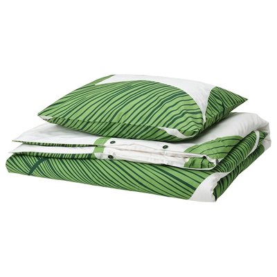 IKEA KUNGSCISSUS Підковдра та наволочка, білий/зелений, 150x200/50x60 см 40565049 фото