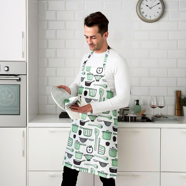 IKEA RINNIG Фартух кухонний, білий/зелений/візерунок, 69х85 см 40476454 фото